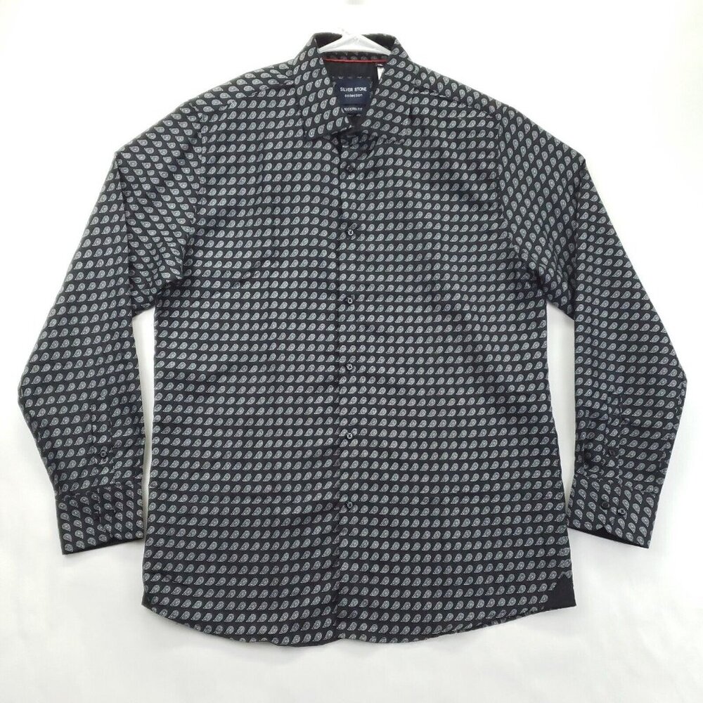 Silver Stone Shirt Mens XL Black Paisley Cotton Modern Fit Classic Button-Up